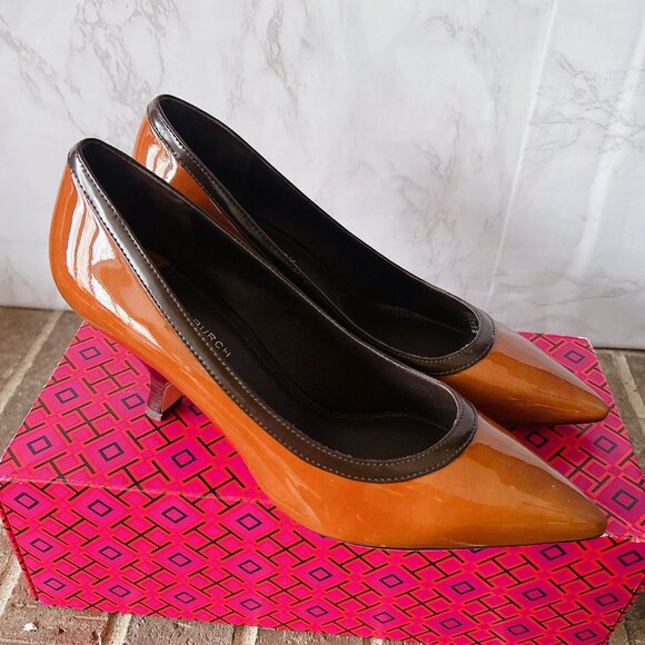 Tory Burch Angle Pointed Toe Heel Pump Tan Cuoio/chocolate Patent Leather US 7 - Picture 4 of 8